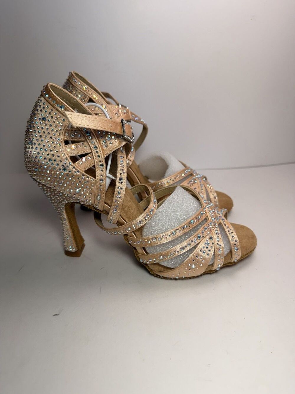 Danceandsway Women's Sz 6 Tan Rhinestone Latin Salsa Dance Heels Flared Heel NIB